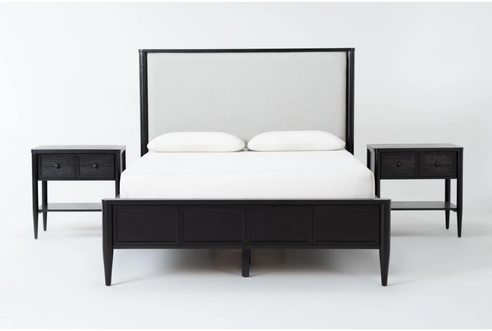 Austen Black California King Side Storage Wood & Upholstered Panel 3 Piece Bedroom Set With 2 1-Drawer Nightstands
