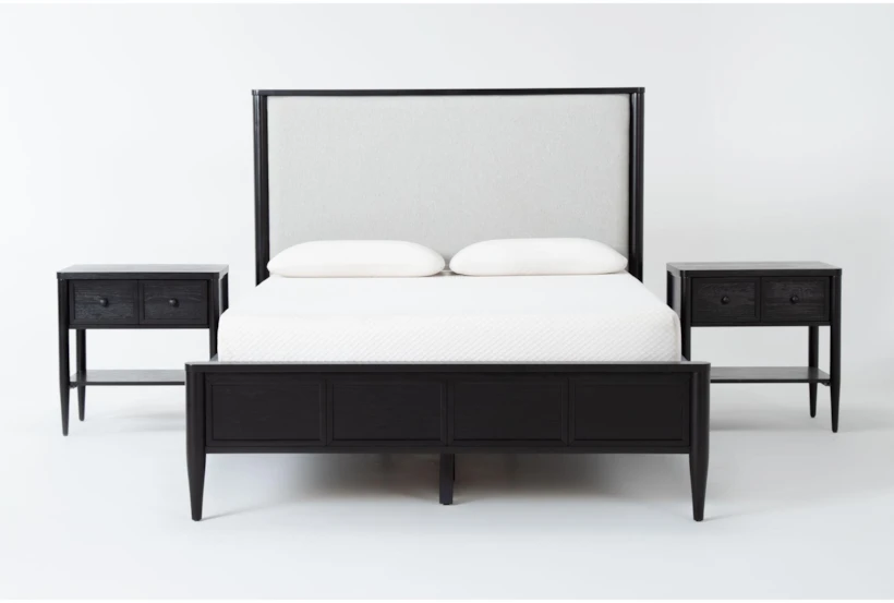 Austen Black California King Side Storage Wood & Upholstered Panel 3 Piece Bedroom Set With 2 1-Drawer Nightstands - 360