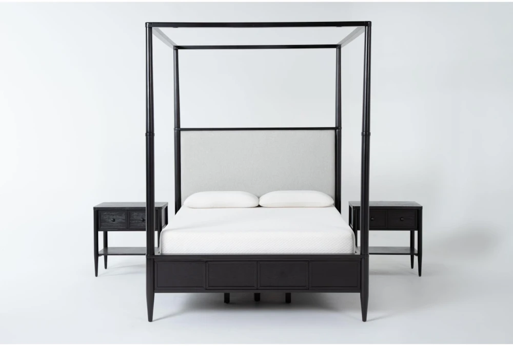 Austen Black Queen Wood & Upholstered Canopy 3 Piece Bedroom Set With 2 1-Drawer Nightstands