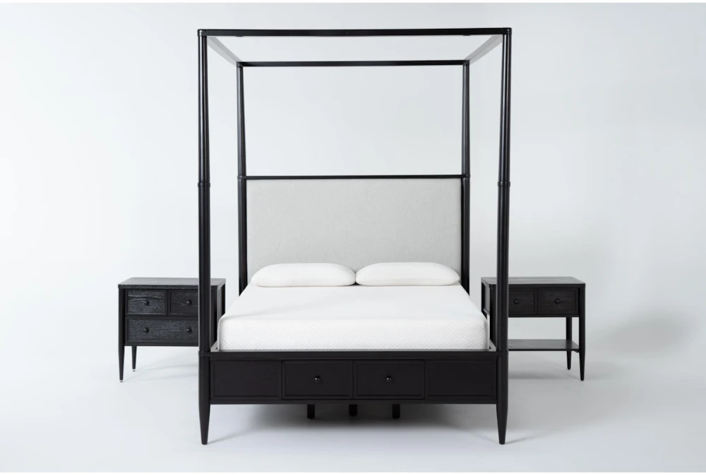 Austen Black Queen Footboard Storage Wood & Upholstered Canopy 3 Piece Bedroom Set With 1-Drawer & 3-Drawer Nightstands