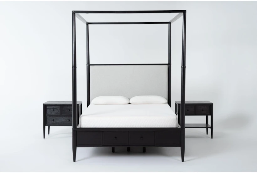 Austen Black Queen Footboard Storage Wood & Upholstered Canopy 3 Piece Bedroom Set With 1-Drawer & 3-Drawer Nightstands - 360