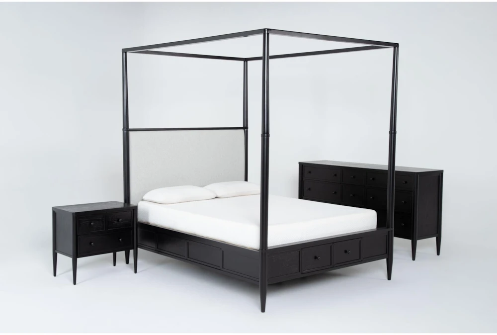 Austen Black Queen Footboard Storage Wood & Upholstered Canopy 3 Piece Bedroom Set With 9-Drawer Dresser & 3-Drawer Nightstand