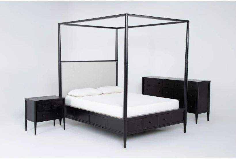 Austen Black Queen Footboard Storage Wood & Upholstered Canopy 3 Piece Bedroom Set With 9-Drawer Dresser & 3-Drawer Nightstand - 360
