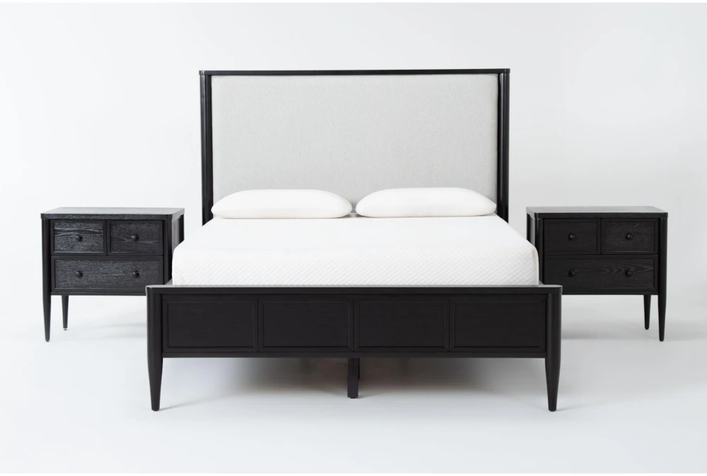 Austen Black Queen Side Storage Wood & Upholstered Panel 3 Piece Bedroom Set With 2 3-Drawer Nightstands