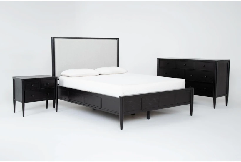 Austen Black Queen Wood & Upholstered Panel 3 Piece Bedroom Set With 7-Drawer Dresser & 3-Drawer Nightstand - 360