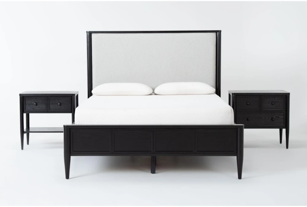 Austen Black King Side Storage Wood & Upholstered Panel 3 Piece Bedroom Set With 1-Drawer & 3-Drawer Nightstands