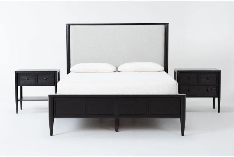 Austen Black King Side Storage Wood & Upholstered Panel 3 Piece Bedroom Set With 1-Drawer & 3-Drawer Nightstands - 360