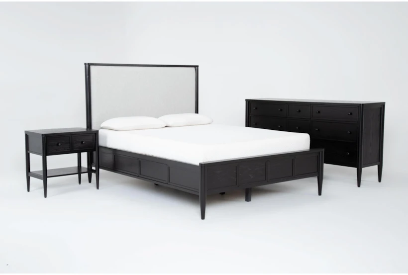 Austen Black King Wood & Upholstered Panel 3 Piece Bedroom Set With 9-Drawer Dresser & 1-Drawer Nightstand - 360
