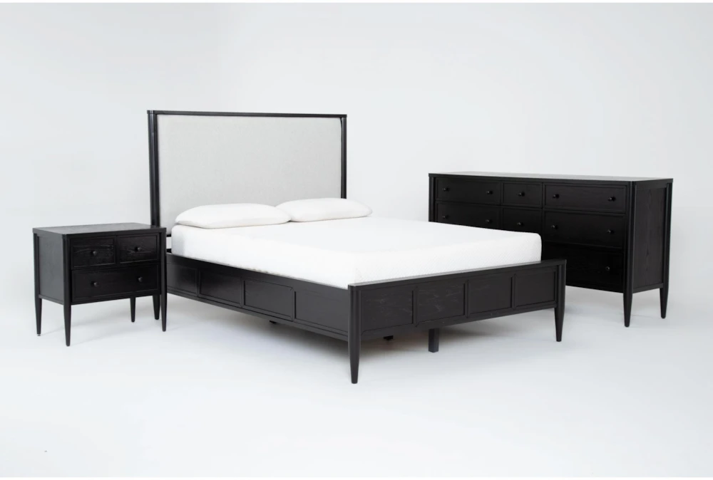 Austen Black King Wood & Upholstered Panel 3 Piece Bedroom Set With 9-Drawer Dresser & 3-Drawer Nightstand
