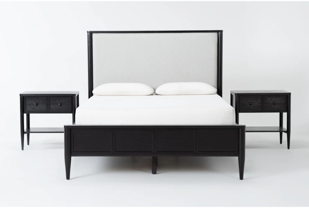 Austen Black California King Wood & Upholstered Panel 3 Piece Bedroom Set With 2 1-Drawer Nightstands