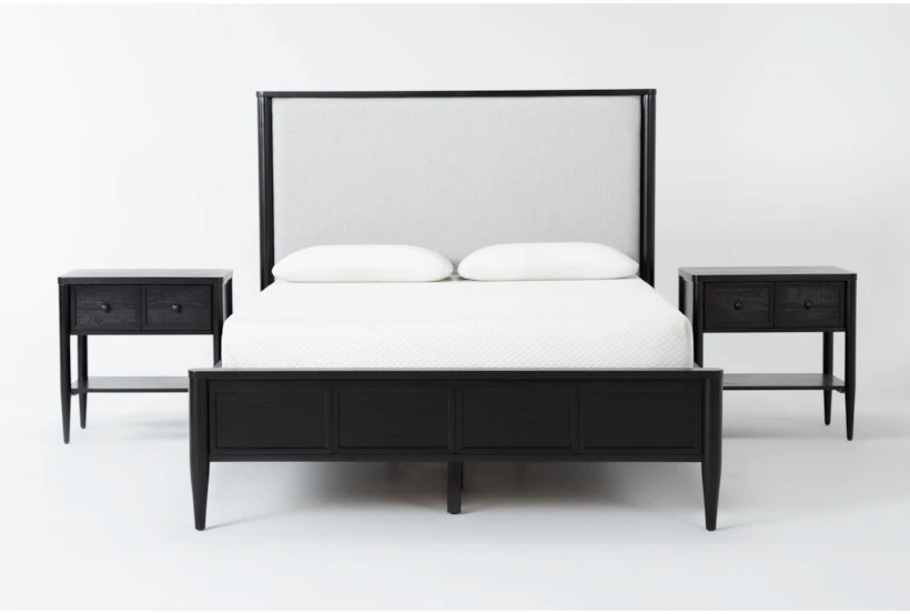 Austen Black California King Wood & Upholstered Panel 3 Piece Bedroom Set With 2 1-Drawer Nightstands - 360