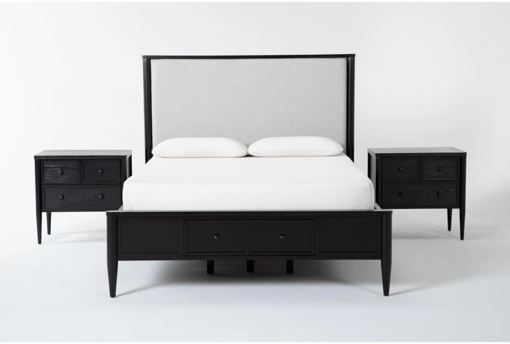 Austen Black King Side & Footboard Storage Wood & Upholstered Panel 3 Piece Bedroom Set With 2 3-Drawer Nightstands