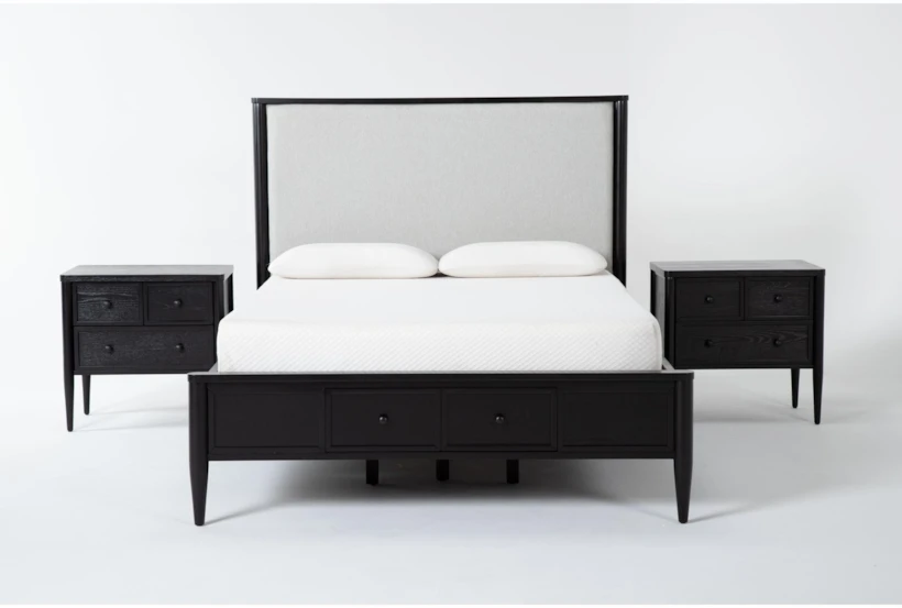 Austen Black King Side & Footboard Storage Wood & Upholstered Panel 3 Piece Bedroom Set With 2 3-Drawer Nightstands - 360