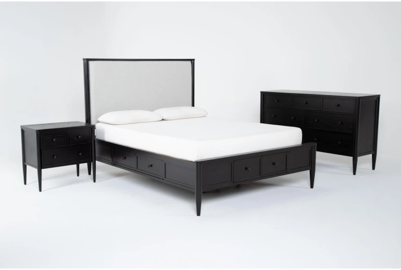 Austen Black King Side & Footboard Storage Wood & Upholstered Panel 3 Piece Bedroom Set With 7-Drawer Dresser & 3-Drawer Nightstand - 360