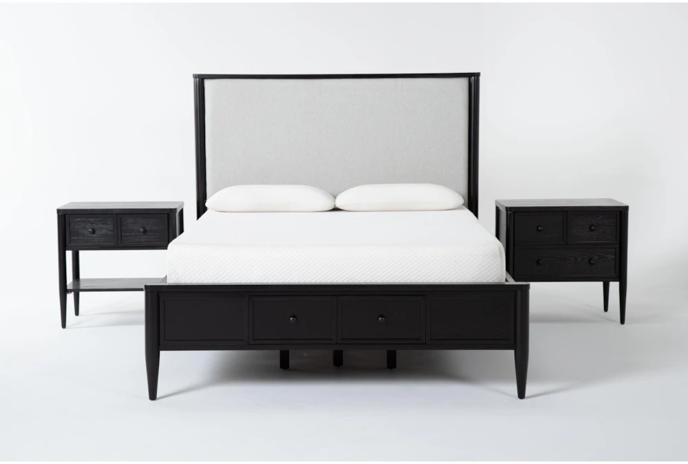 Austen Black King Footboard Storage Wood & Upholstered Panel 3 Piece Bedroom Set With 1-Drawer & 3-Drawer Nightstands
