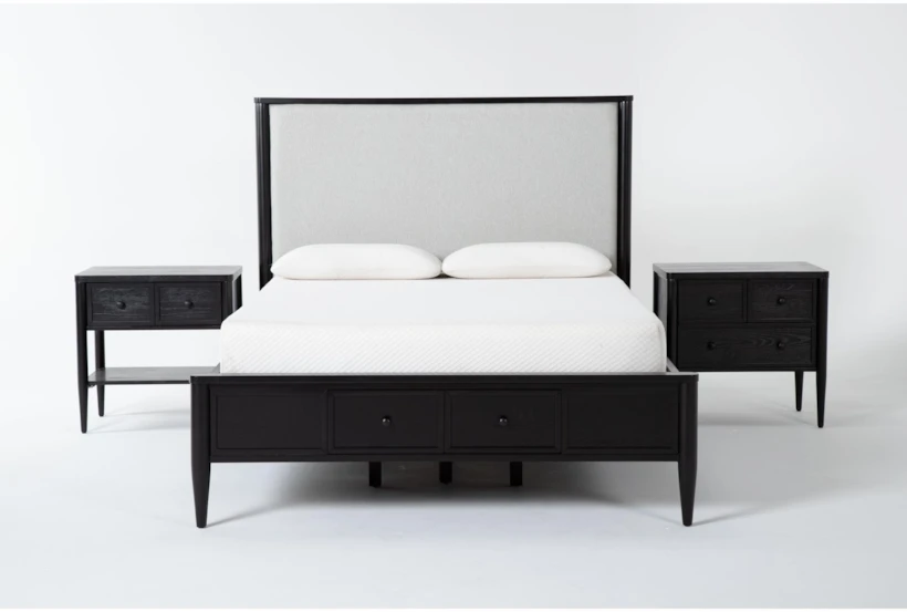 Austen Black King Footboard Storage Wood & Upholstered Panel 3 Piece Bedroom Set With 1-Drawer & 3-Drawer Nightstands - 360