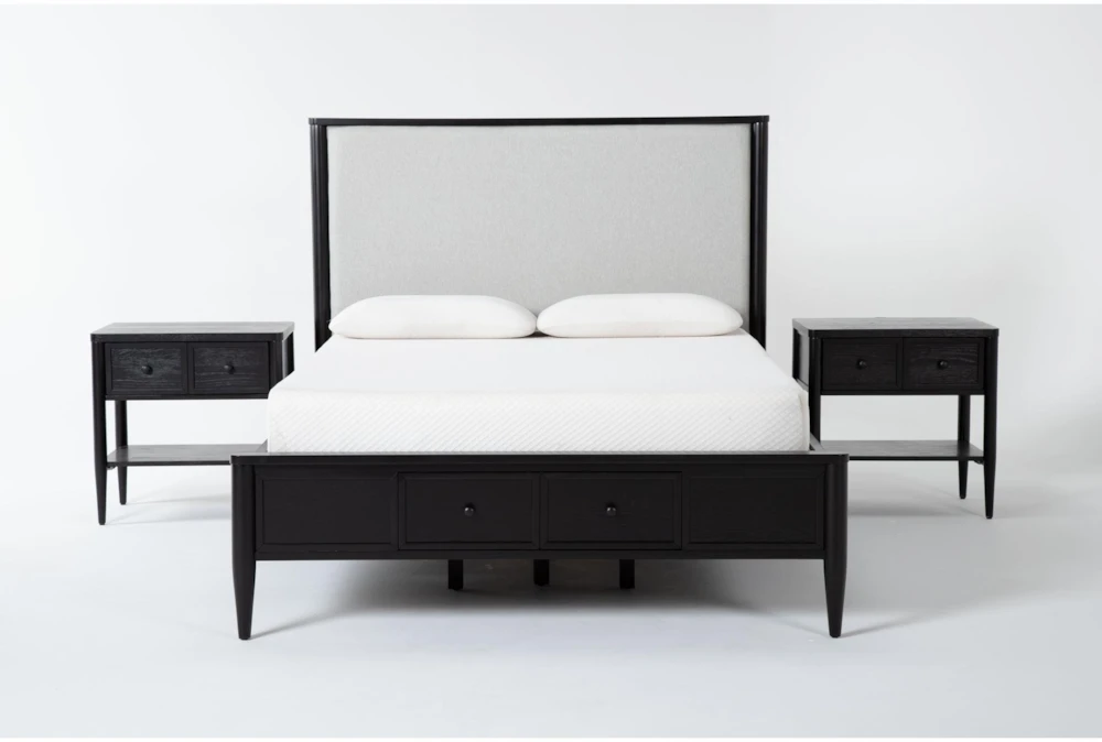 Austen Black King Footboard Storage Wood & Upholstered Panel 3 Piece Bedroom Set With 2 1-Drawer Nightstands