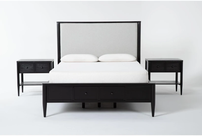 Austen Black King Footboard Storage Wood & Upholstered Panel 3 Piece Bedroom Set With 2 1-Drawer Nightstands - 360