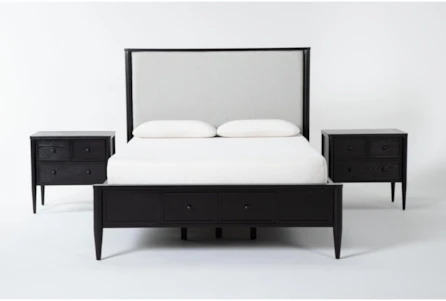 Austen Black California King Side & Footboard Storage Wood & Upholstered Panel 3 Piece Bedroom Set With 2 3-Drawer Nightstands - Main