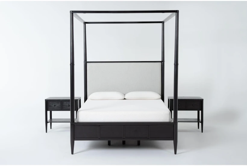 Austen Black Queen Side Storage Wood & Upholstered Canopy 3 Piece Bedroom Set With 2 1-Drawer Nightstands - 360