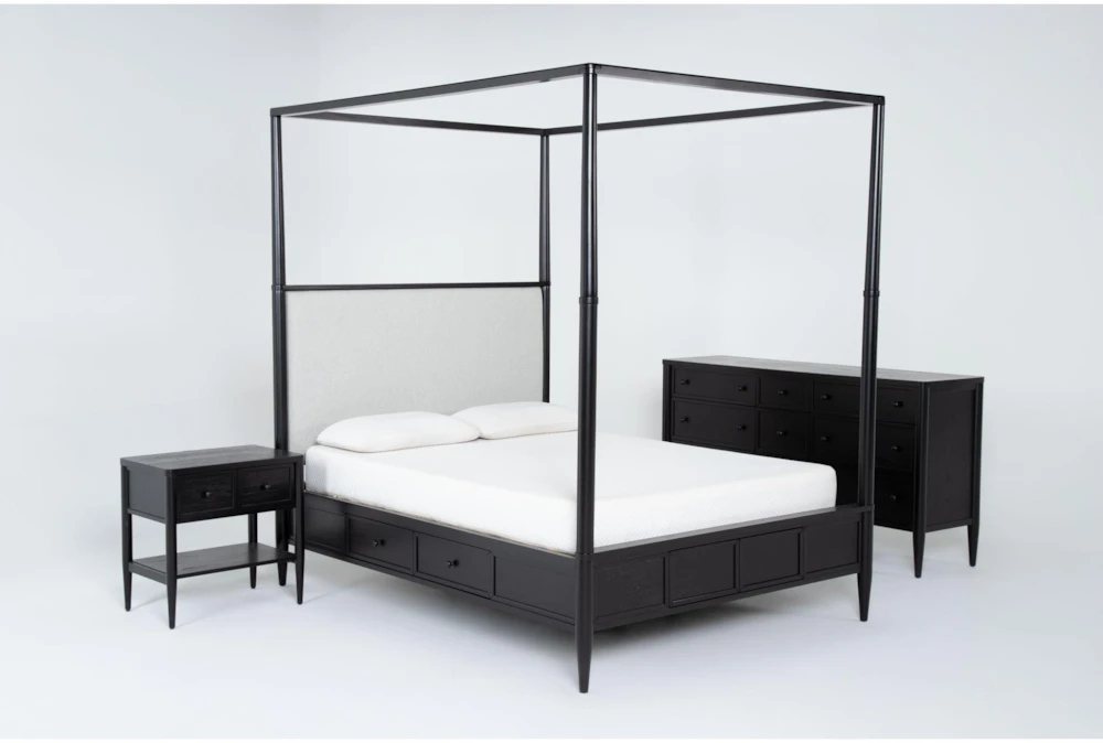 Austen Black King Side Storage Wood & Upholstered Canopy 3 Piece Bedroom Set With 9-Drawer Dresser & 1-Drawer Nightstand