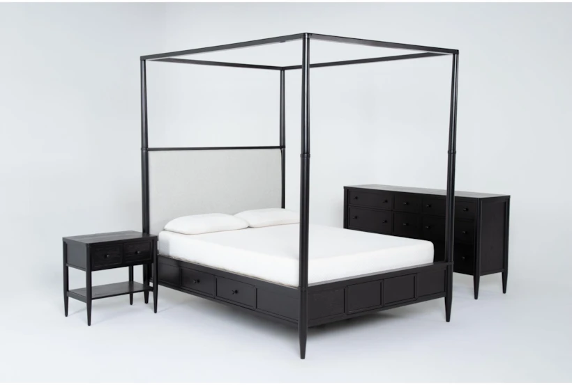 Austen Black King Side Storage Wood & Upholstered Canopy 3 Piece Bedroom Set With 9-Drawer Dresser & 1-Drawer Nightstand - 360