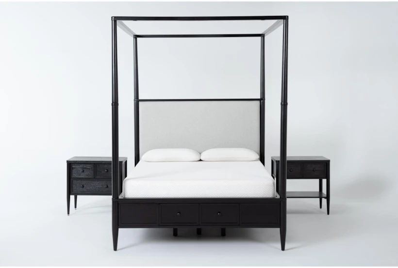 Austen Black King Side & Footboard Storage Wood & Upholstered Canopy 3 Piece Bedroom Set With 1-Drawer & 3-Drawer Nightstands - 360