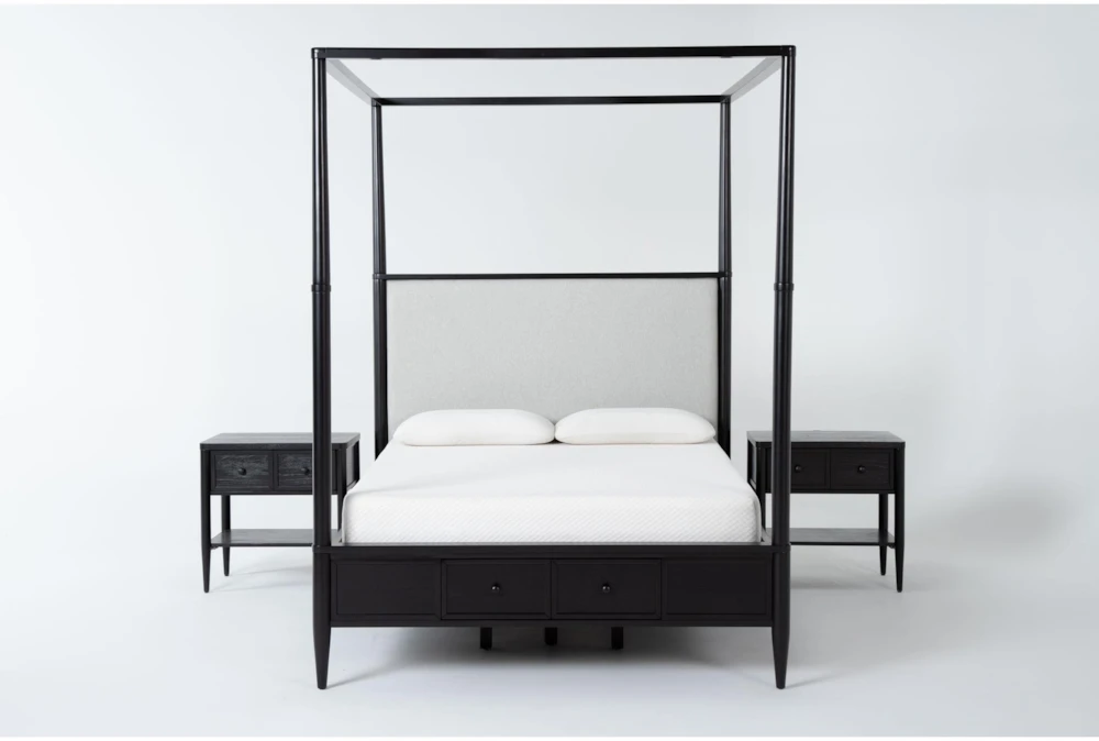 Austen Black King Side & Footboard Storage Wood & Upholstered Canopy 3 Piece Bedroom Set With 2 1-Drawer Nightstands