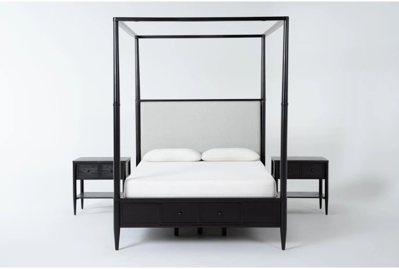 Austen Black King Side & Footboard Storage Wood & Upholstered Canopy 3 Piece Bedroom Set With 2 1-Drawer Nightstands - 360