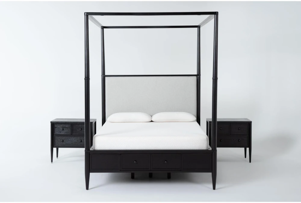 Austen Black King Side & Footboard Storage Wood & Upholstered Canopy 3 Piece Bedroom Set With 2 3-Drawer Nightstands