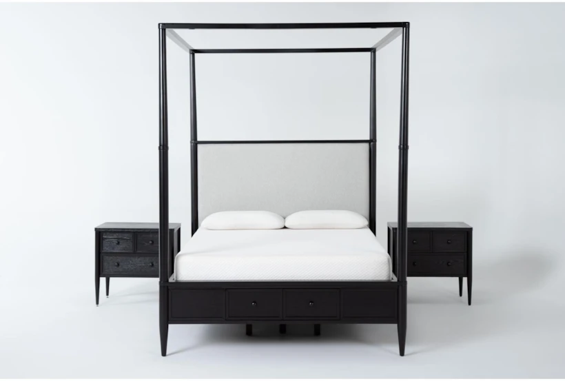 Austen Black King Side & Footboard Storage Wood & Upholstered Canopy 3 Piece Bedroom Set With 2 3-Drawer Nightstands - 360