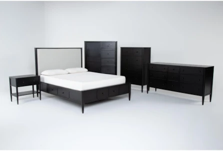 Austen Queen Side & Footboard Storage Panel 5 Piece Bedroom Set With 9 Drawer Dresser, 4 Drawer Chest, Wardrobe & 1 Drawer Nightstand