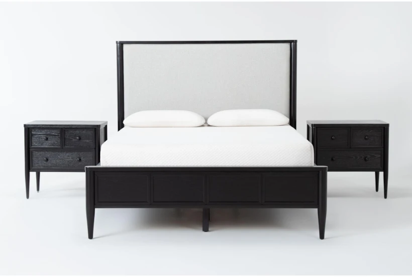 Austen Black California King Side Storage Wood & Upholstered Panel 3 Piece Bedroom Set With 2 3-Drawer Nightstands - 360
