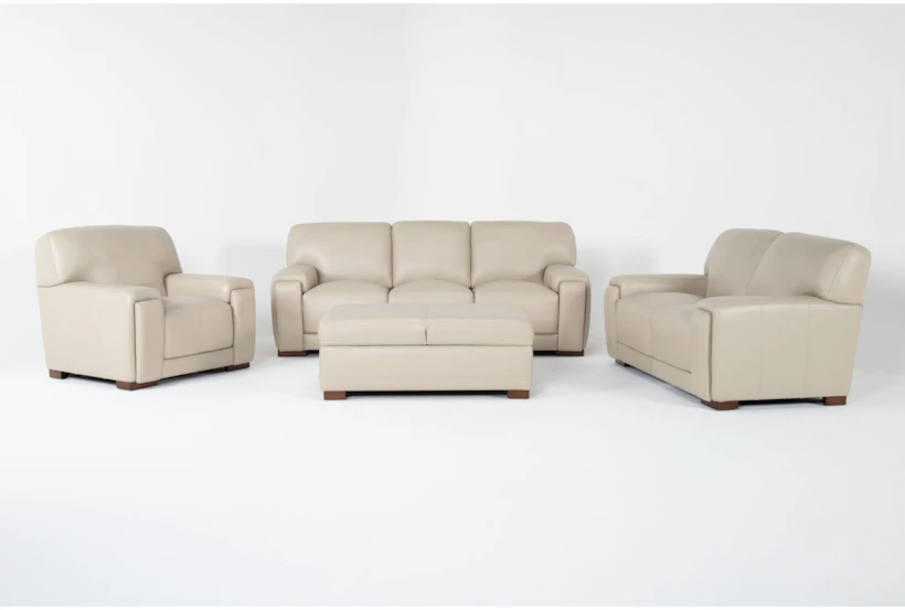 Bisbee Ivory Leather 3 Piece Sofa, Loveseat, Chair Set & Storage Cocktail Ottoman - 360