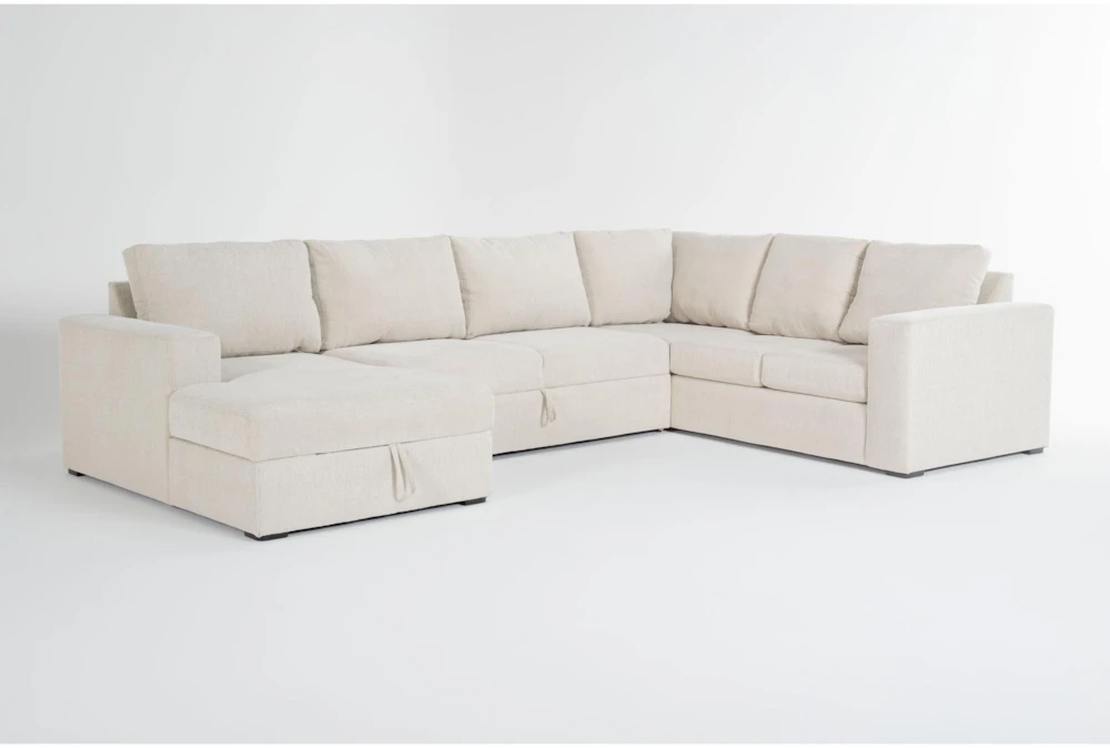 Sebastian Cream 140" 3 Piece Convertible Sleeper Sectional with Left Arm Facing Storage Chaise