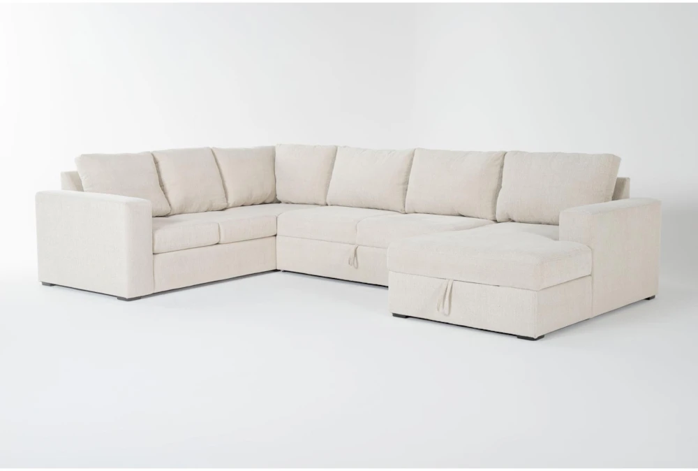 Sebastian Cream 140" 3 Piece Convertible Sleeper Sectional with Right Arm Facing Storage Chaise