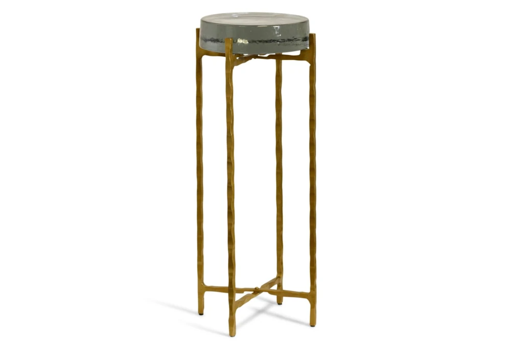 23" Clear Grey Disk Top Drink Table With Gold Metal Base