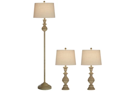 Beige Turned Wood Style Table + Floor Lamps Set Of 3 - Main