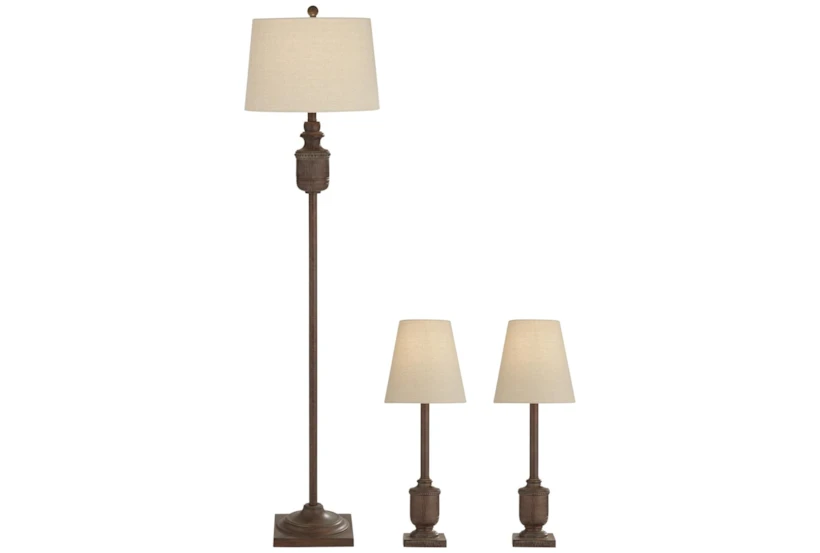 Brown Urn Shape Table + Floor Lamps Set Of 3 - 360