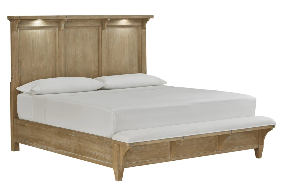 Eloise Natural Queen Wood Panel Bed With Led Lights & Upholstered Footboard Bench
