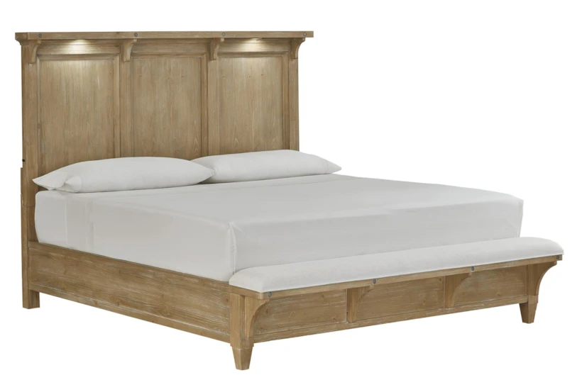 Eloise Natural Queen Wood Panel Bed With Led Lights & Upholstered Footboard Bench - 360