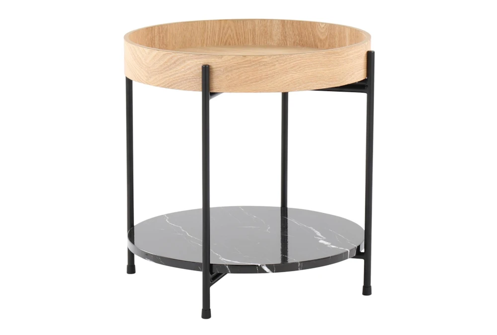 18" Black Metal + Natural Wood With Black Marble Accent Table