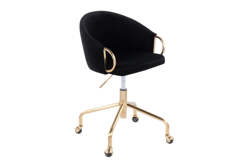 Kaira Velvet Black Rolling Office Desk Chair In Gold Metal
