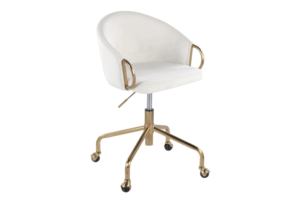 Kaira Velvet Cream Rolling Office Desk Chair In Gold Metal