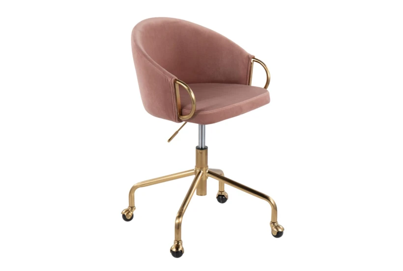Kaira Blush Velvet Rolling Office Desk Chair In Gold Metal - 360