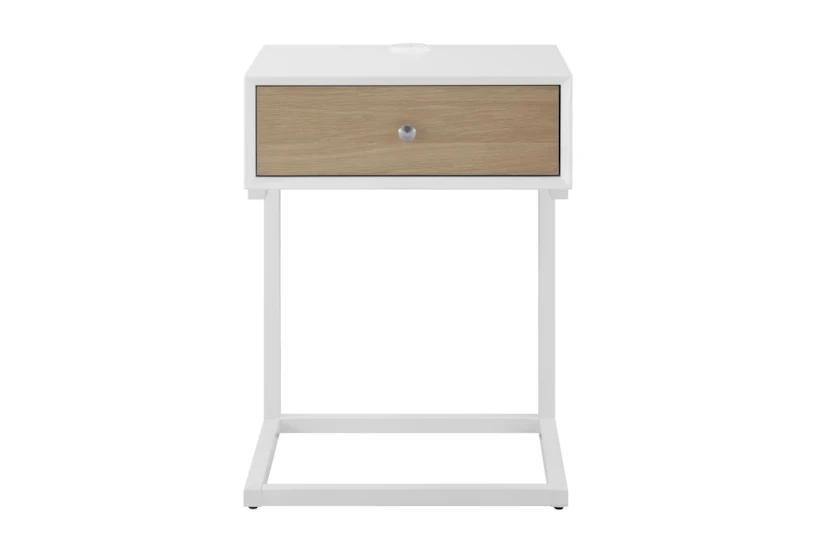 25" Matte White With Natural Oak Veneer 1-Drawer Accent Table - 360