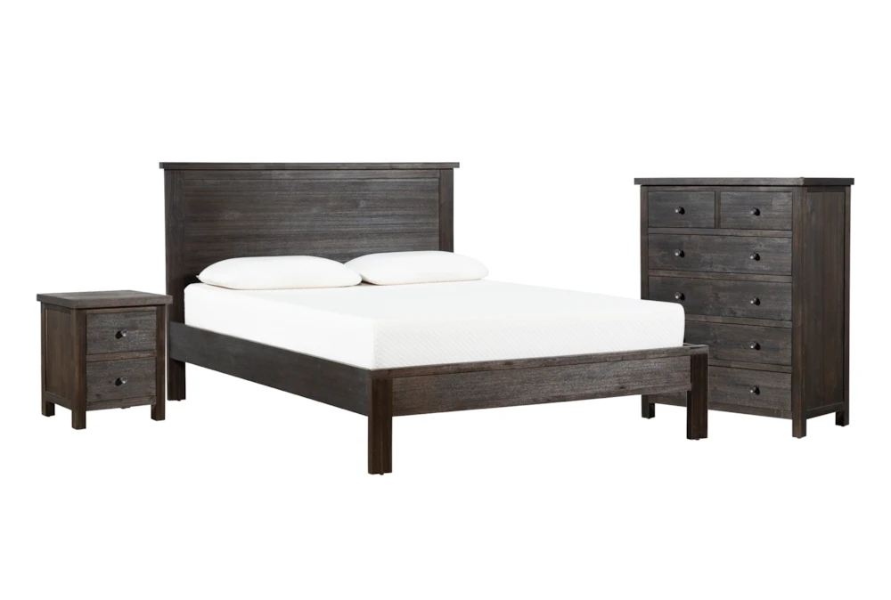Larkin Espresso King  Wood Storage 3 Piece Bedroom Set With Chest & Nightstand