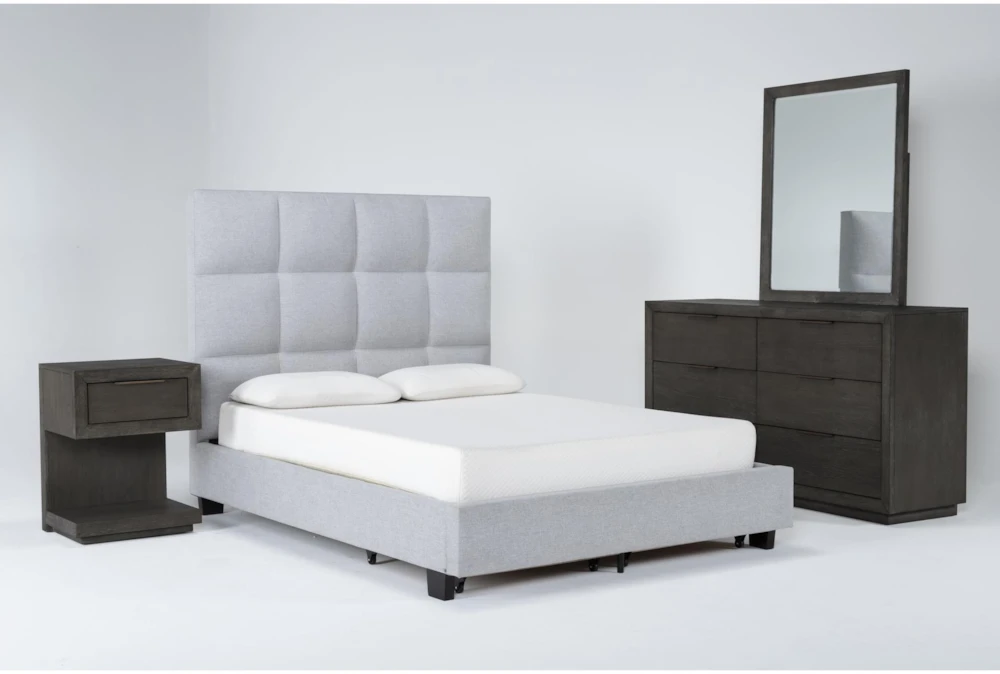 Boswell Grey California King Upholstered Storage 4 Piece Bedroom Set With Pierce Espresso II Dresser, Mirror & 1-Drawer Nightstand