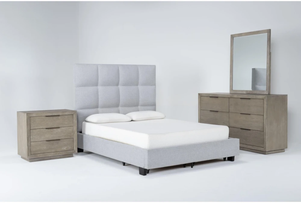 Boswell Grey California King Upholstered Storage 4 Piece Bedroom Set With Pierce Natural II Dresser, Mirror & 3-Drawer Nightstand