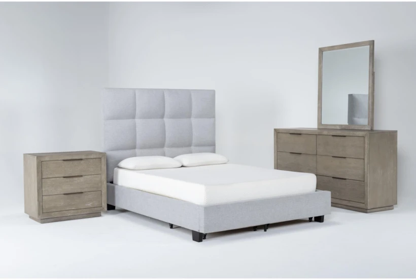 Boswell Grey California King Upholstered Storage 4 Piece Bedroom Set With Pierce Natural II Dresser, Mirror & 3-Drawer Nightstand - 360